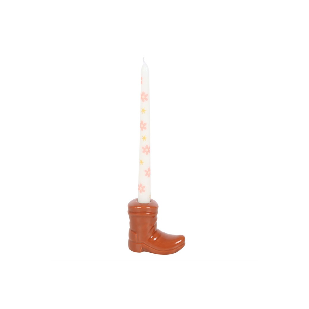 Brown Cowboy Boot Candle Holder with Taper Candle - Image 4