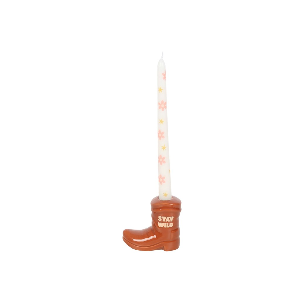 Brown Cowboy Boot Candle Holder with Taper Candle - Image 2